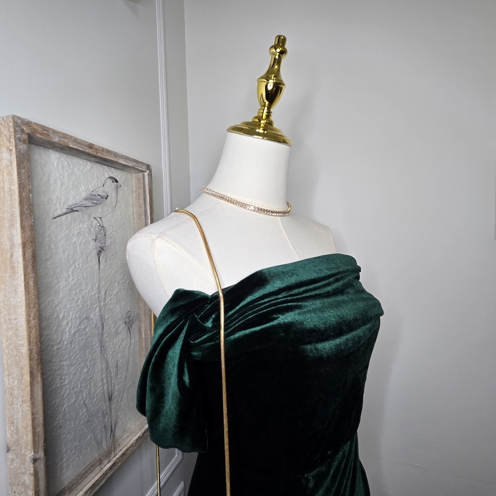 Luxurious Strapless Dark Green Velvet Gown - Picture 5 of 11